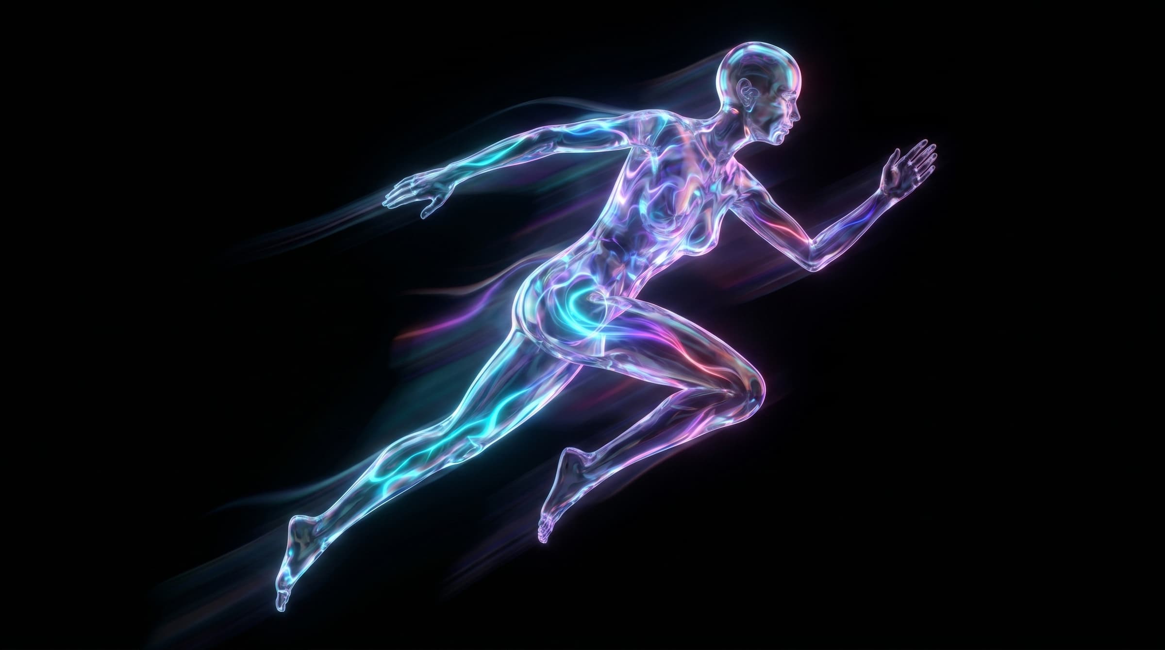 Figura humanoide translúcida correndo com luzes neon, representando velocidade, tecnologia e performance.
